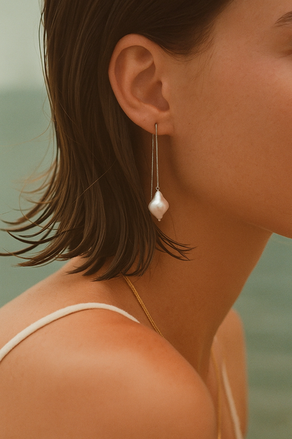 Diamond pearl thread earring