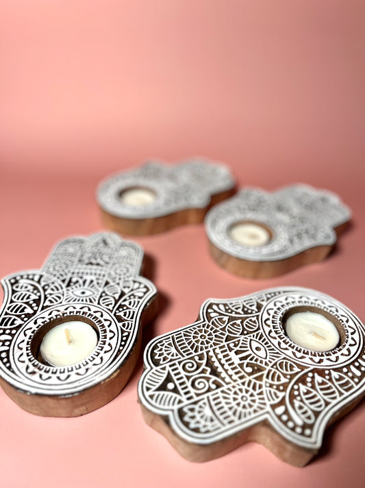 Hamsa Wooden Engraved Tealight Holders