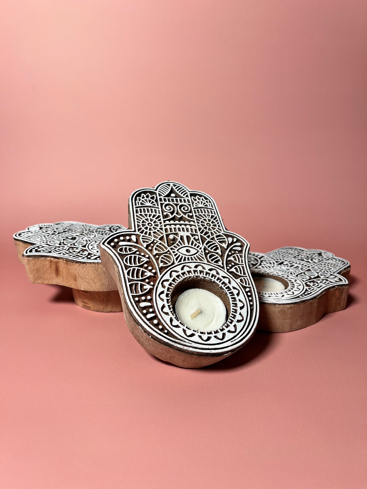 Hamsa Wooden Engraved Tealight Holders